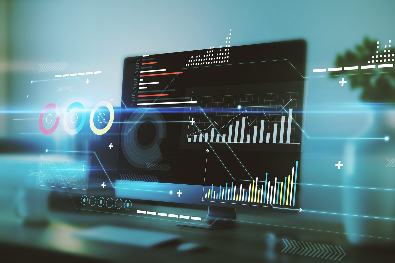 A monitor showing analytics charts and gauges