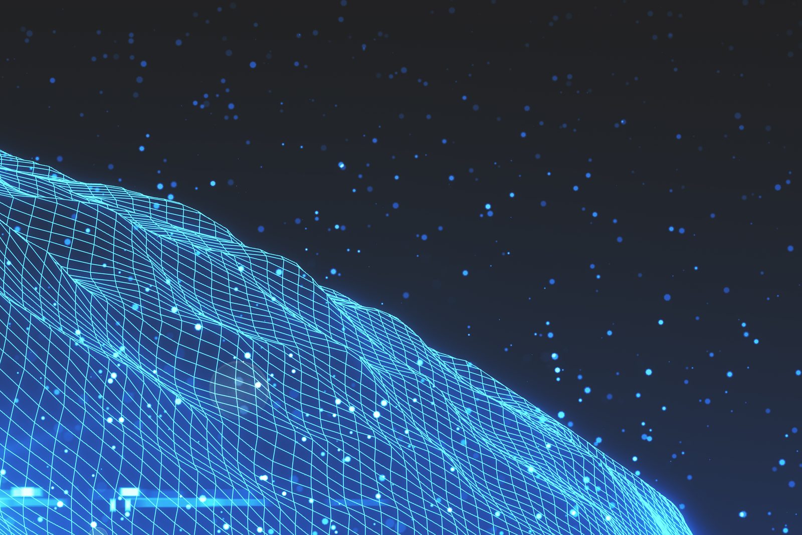 Bright blue grid and sparkles on black backdrop
