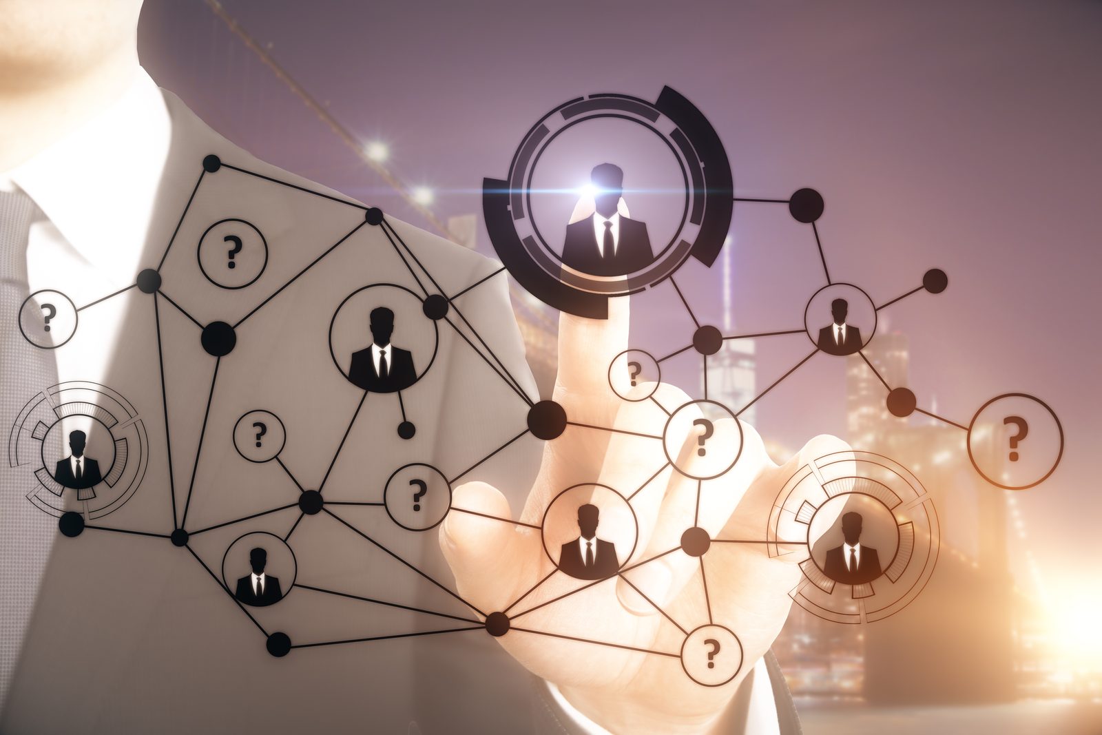 Businessman pointing at abstract hr network on cit