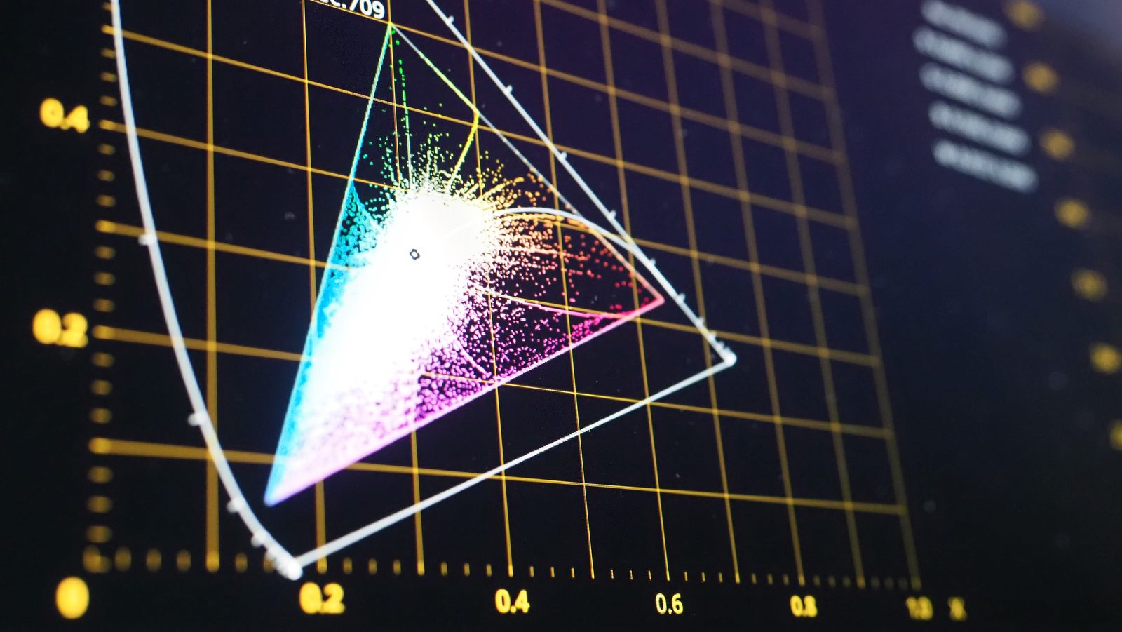 A color gamut chart on a dark color grading display