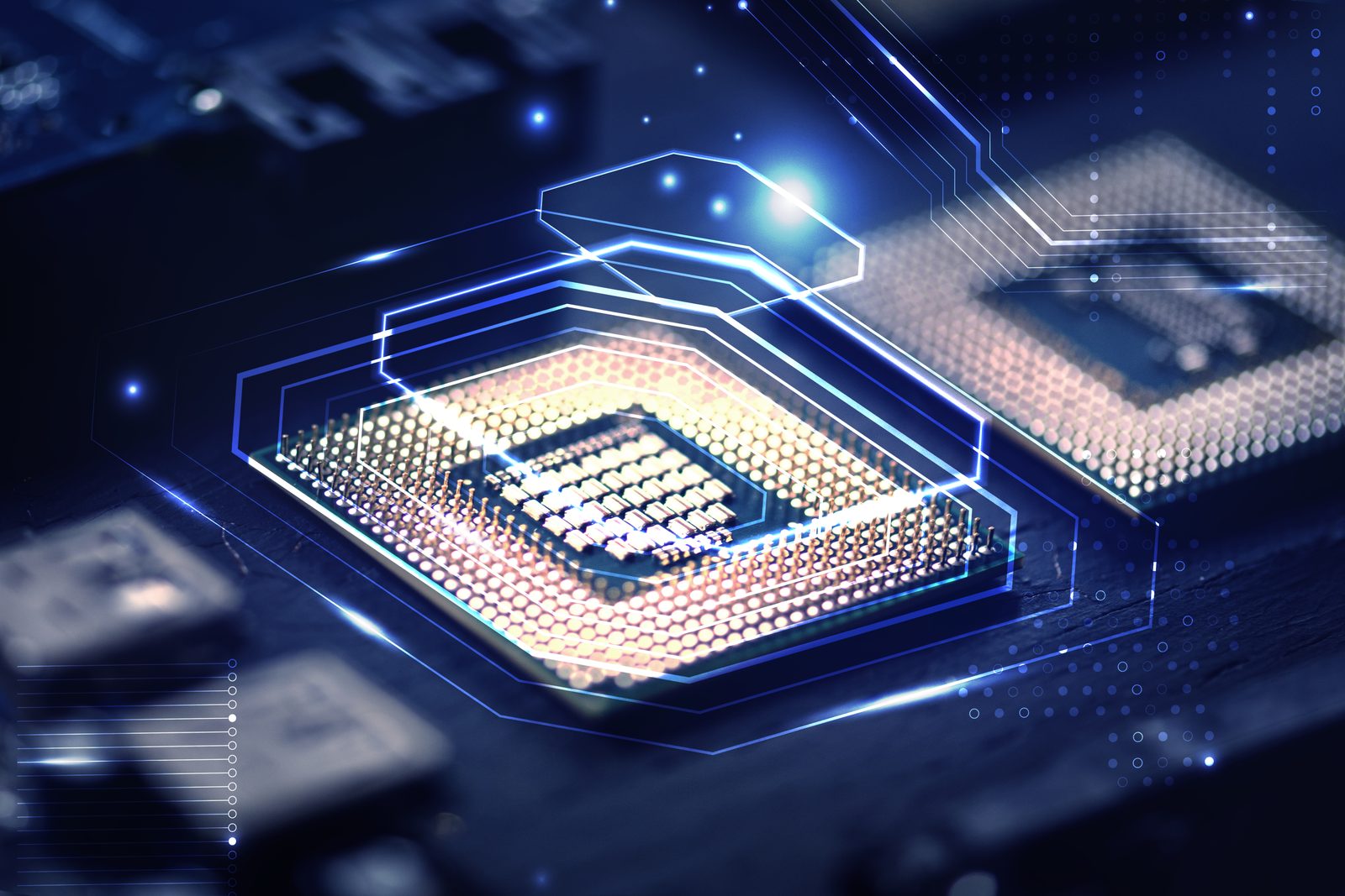 Computer chip with glowing blue circuitry