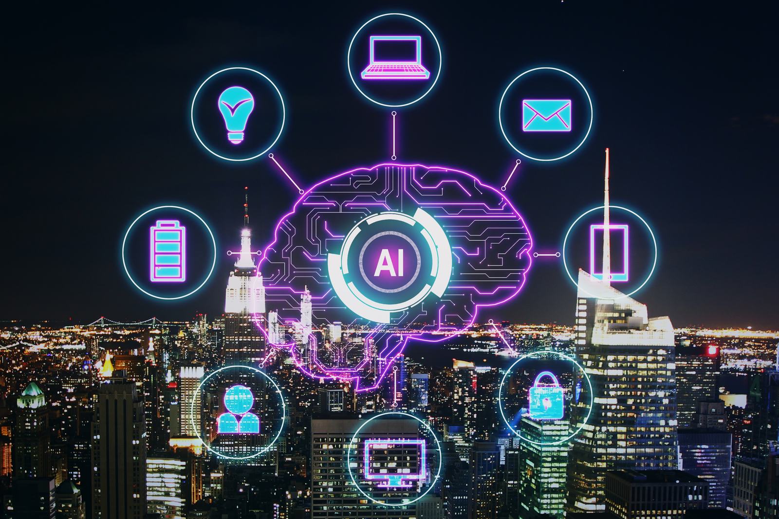Creative night city background with ai brain inter