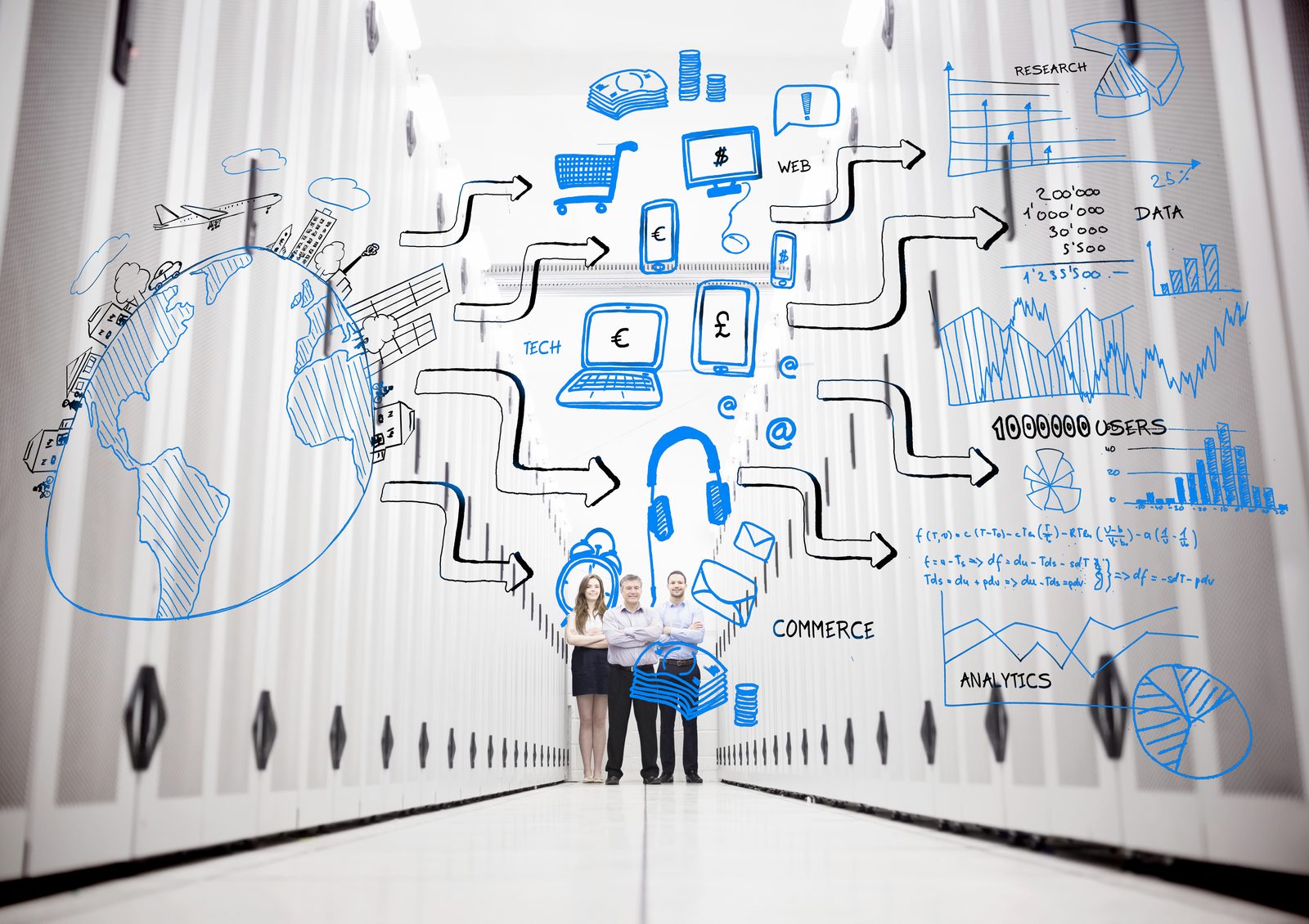 Colleagues in a data center standing in front of d