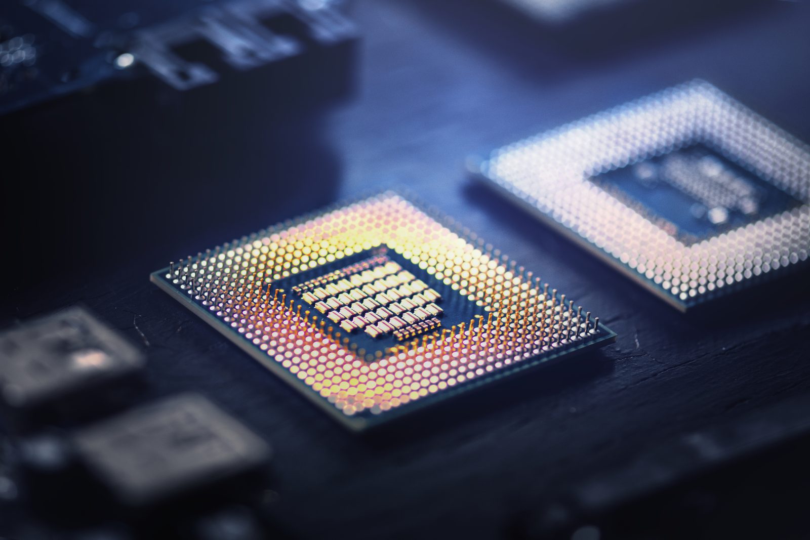 Electronic microchips on a circuit board backgroun