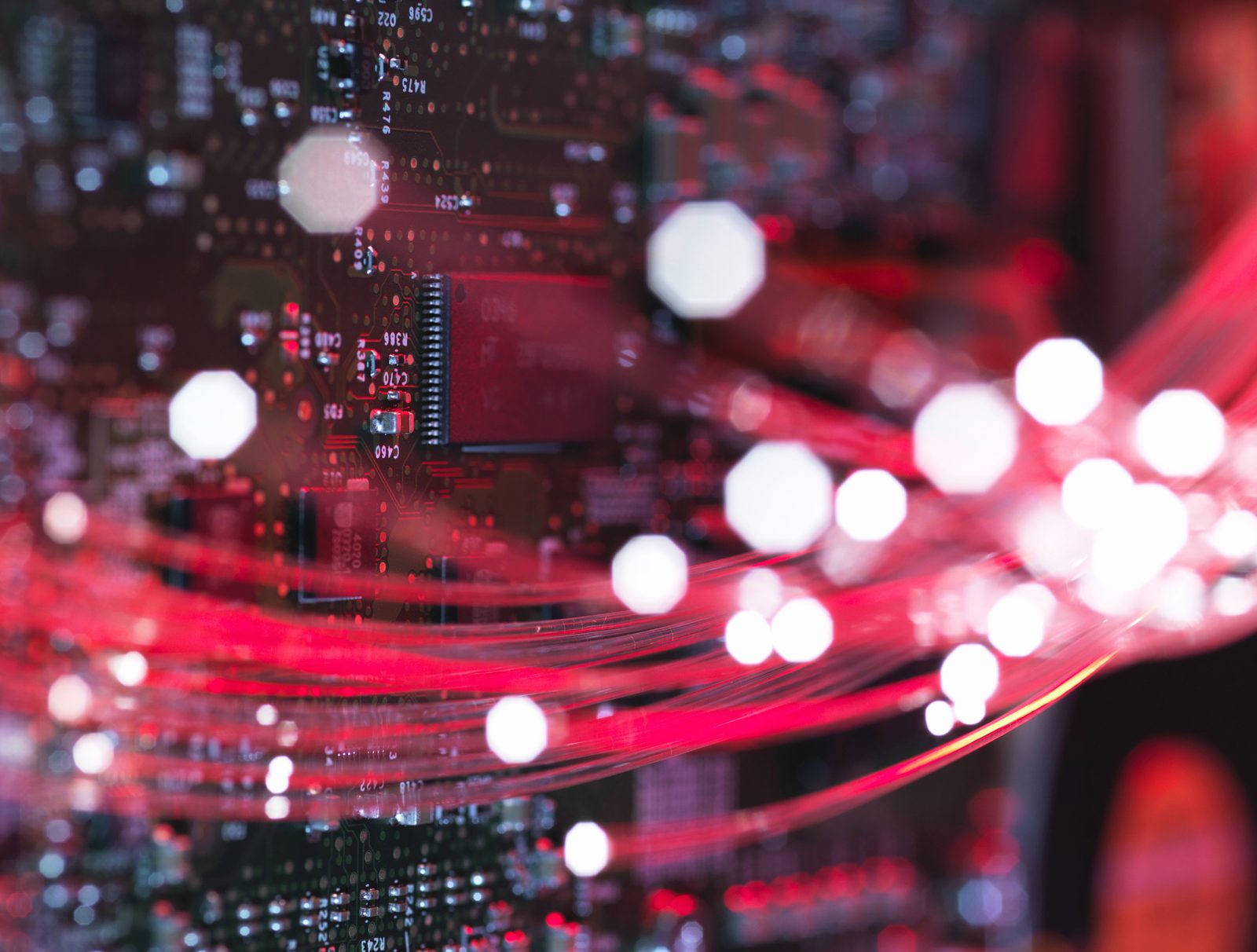Fibre optics flowing through circuit boards from a