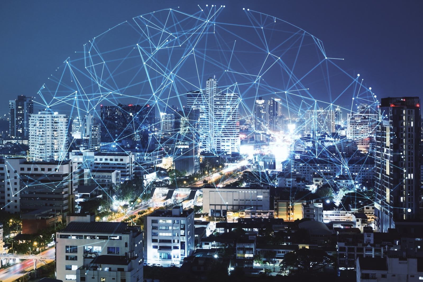 Glowing night city background with polygonal spher