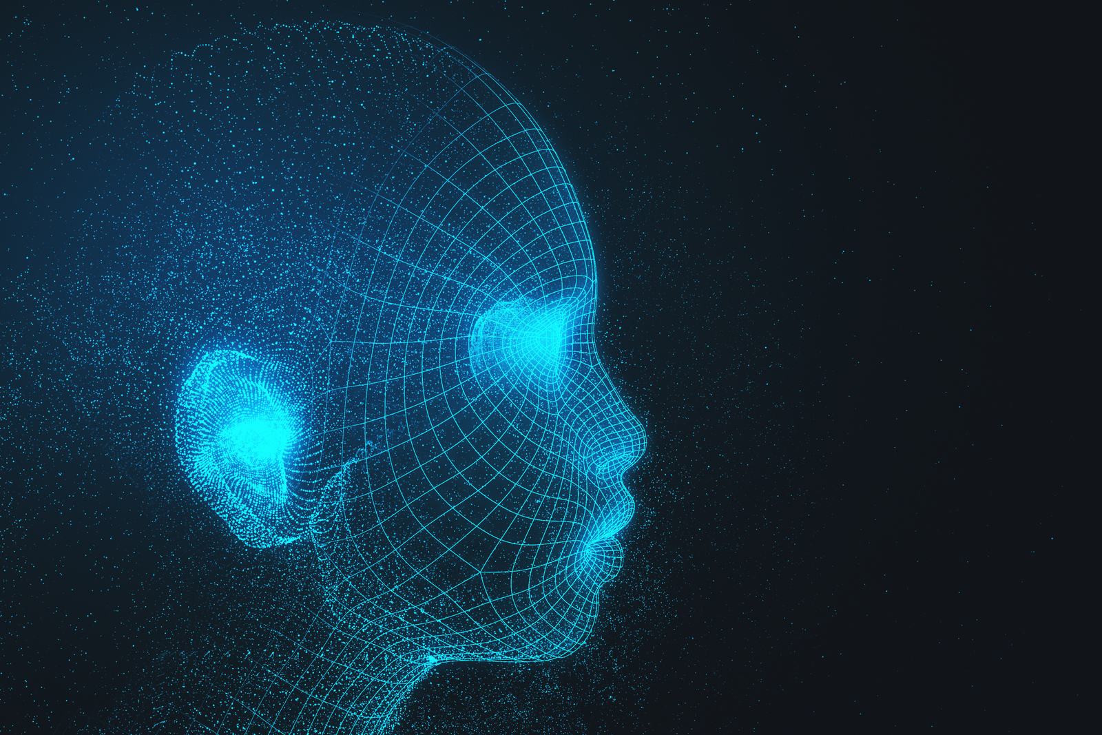 Glowing wireframe head on dark starry background