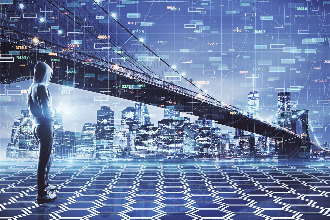 Hacker looking at new york city with digital big d