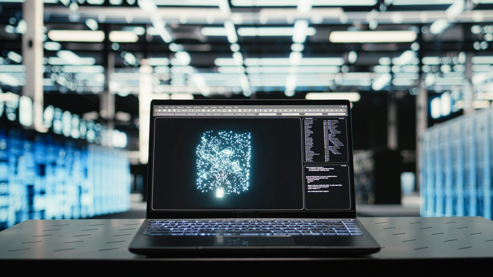 A laptop showing a data visualization in a large lab
