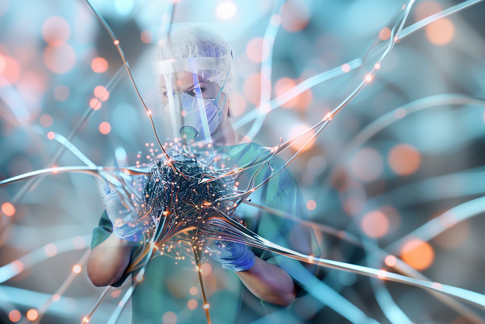 Medical professional holding abstract futuristic f