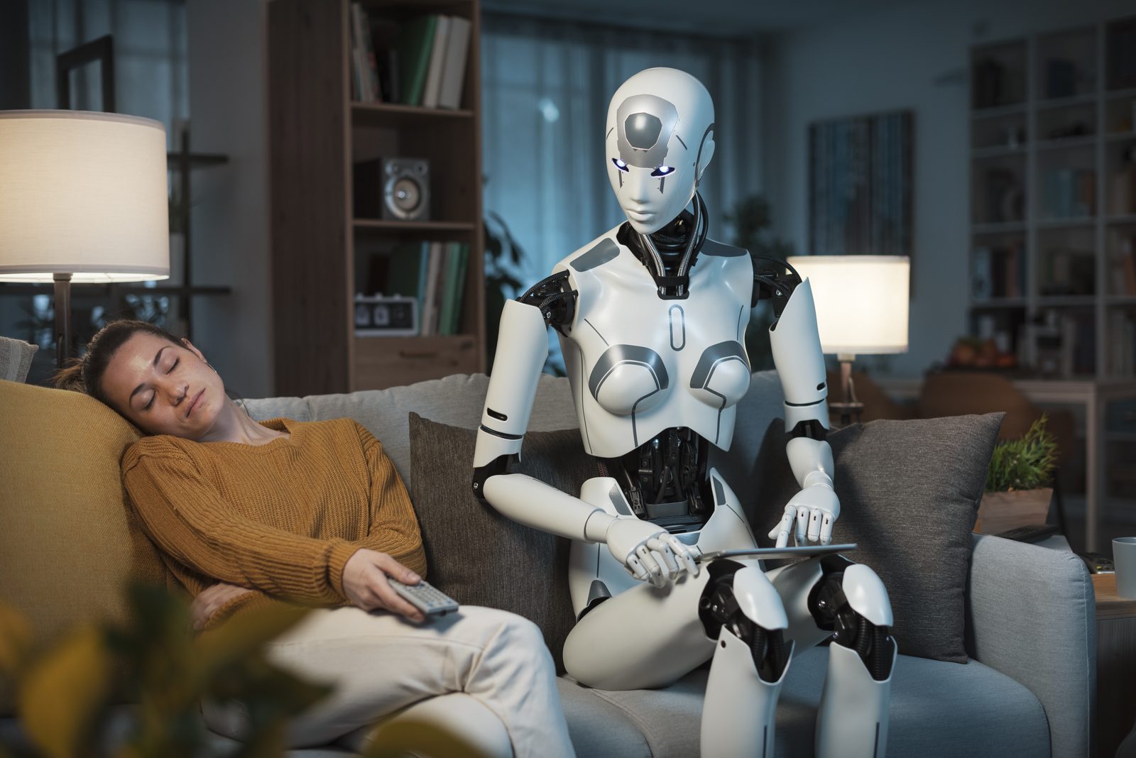 Relaxing evening with humanoid assistant at home