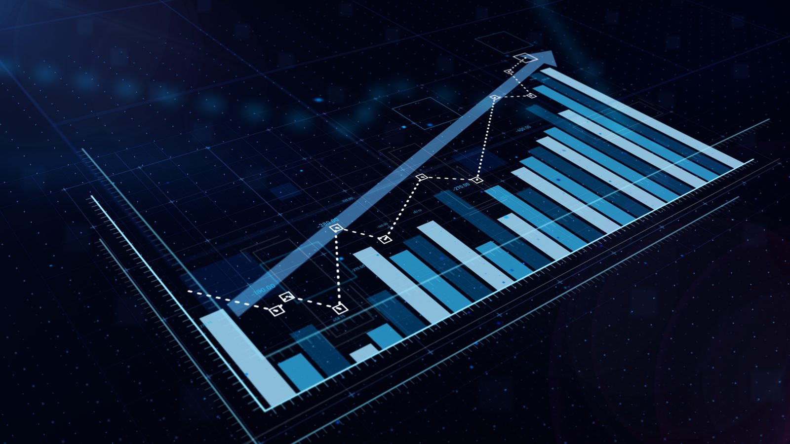 A rising blue bar graph with an arrow