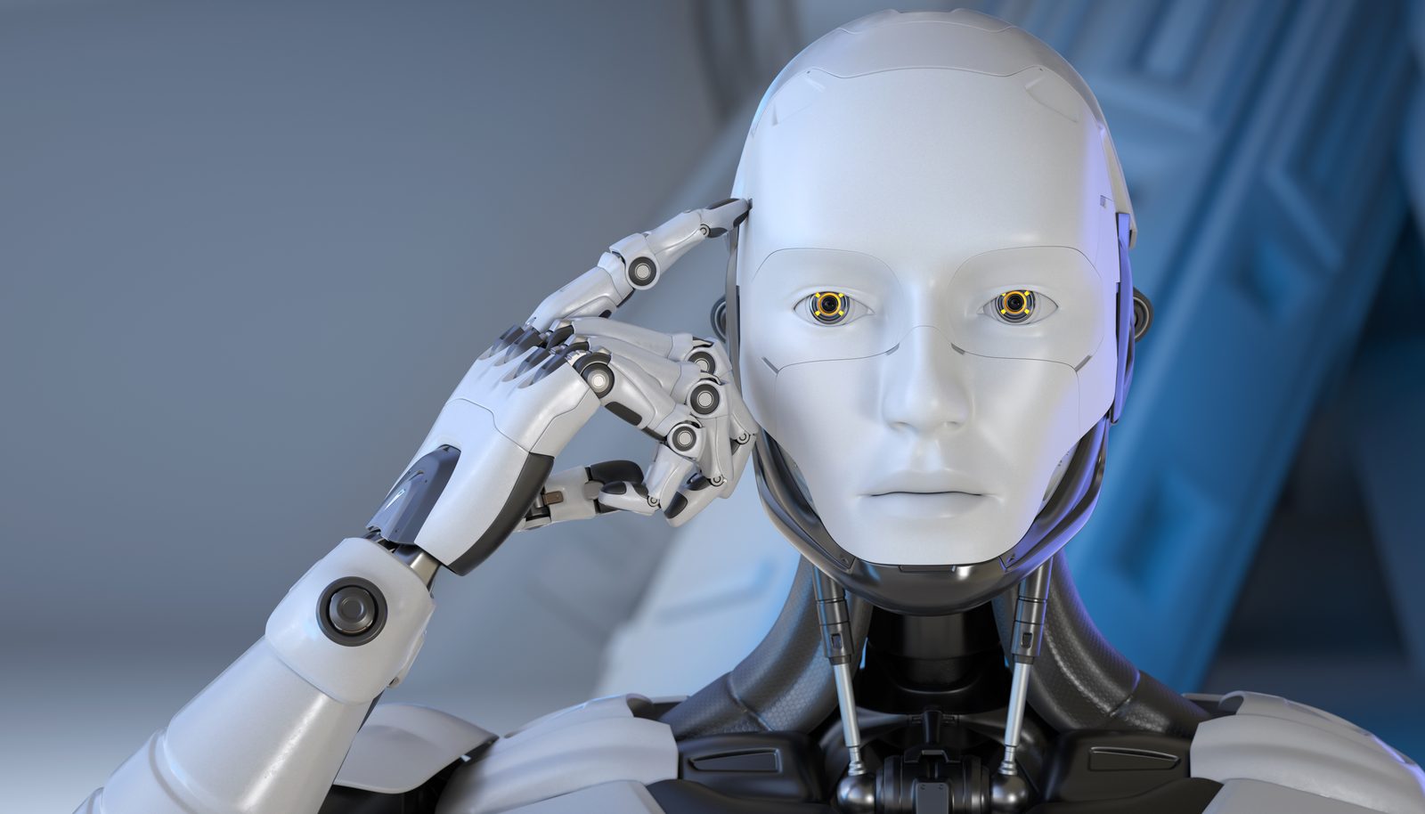 A robot holding hand to head in thought