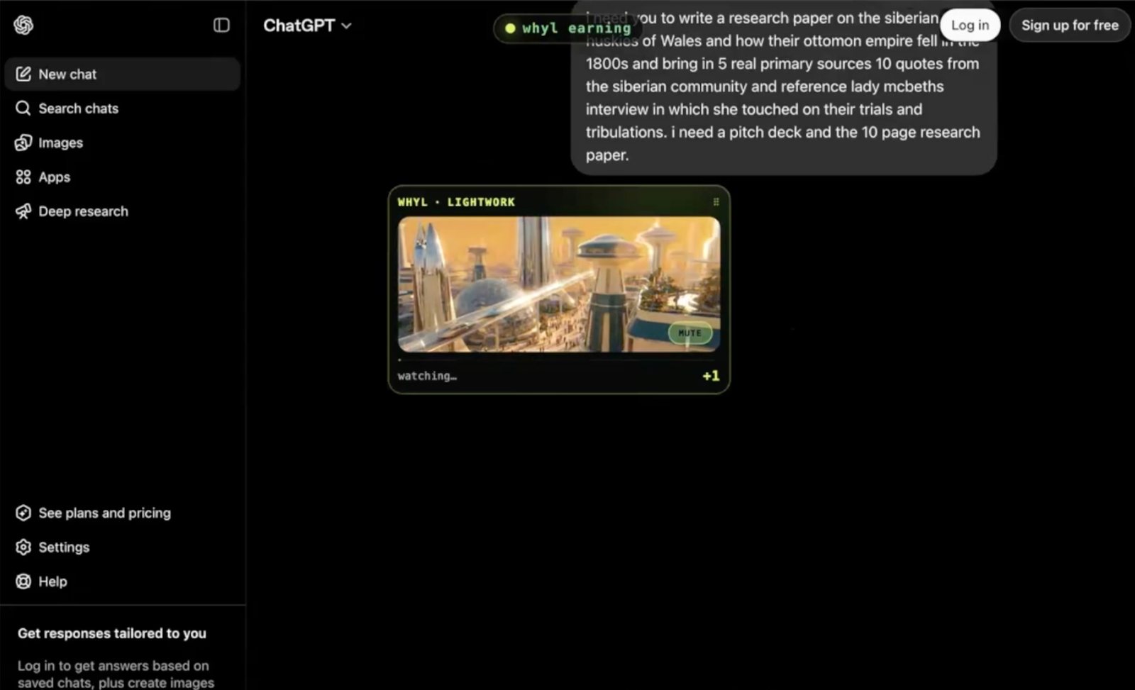 WHYL extension playing a sponsored video inside ChatGPT while the model works