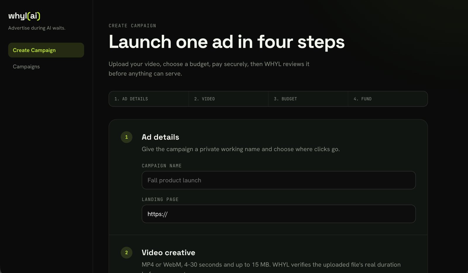 WHYL advertiser dashboard showing the four-step create campaign flow